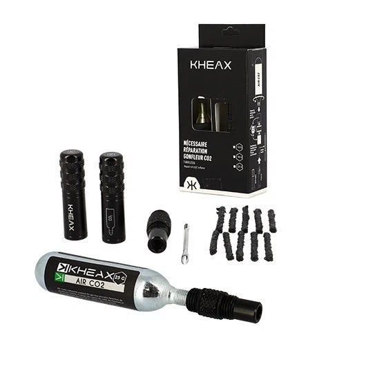 Kheax – Kit réparation tubeless ALU noir | Embout CO2 + Cartouche 25g